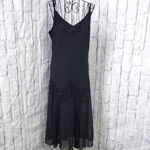J LAXMI VINTAGE Black Beaded 1990's Flapper Dress‎ XL/16